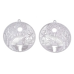 Stainless Steel Color 201 Stainless Steel Filigree Pendants, Etched Metal Embellishments, Flat Round with Landscape Pattern, Stainless Steel Color, 32x30x0.3mm, Hole: 1.5mm