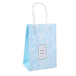 Azul Cielo Bolsas de papel kraft, con mango, bolsas de regalo, bolsas de compra, rectángulo con el modelo de flor, luz azul cielo, 15x8x21 cm