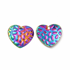 Rainbow Color Ion Plating(IP) 304 Stainless Steel Pendants, Textured, Heart Charm, Rainbow Color, 14.5x16x2.5mm, Hole: 1.2mm