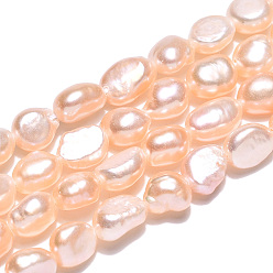 Pêche Brins de perles de culture d'eau douce naturelles, perles baroques perles keshi, deux faces polies, peachpuff, 5.5~10x5~6x2.5~5mm, Trou: 0.6mm, Environ 49~51 pcs/chapelet, 14.17~14.37 pouce (36~36.5 cm)