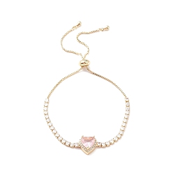 Pearl Pink Cubic Zirconia Heart Link Silder Bracelet with Crystal Rhinestone, Real 18K Gold Plated Brass Jewelry for Women, Pearl Pink, 10-5/8 inch(27cm)