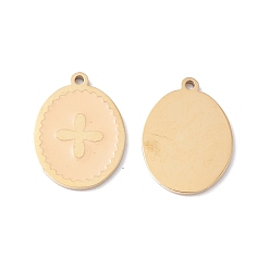 Blanched Almond Ion Plating(IP) 304 Stainless Steel Pendants, with Enamel, Real 24K Gold Plated, Oval with Cross, Blanched Almond, 13.5x10x1mm, Hole: 1mm