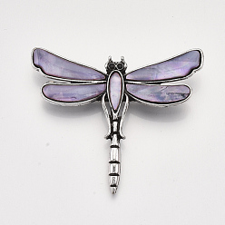 Plum Freshwater Shell Brooches/Pendants, with Alloy Findings and Resin Bottom, Rhinestone, Dyed, Dragonfly, Antique Silver, Plum, 53x62x10mm, Hole: 5x4mm, Pin: 0.7mm