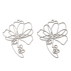Stainless Steel Color 201 Stainless Steel Pendants, Laser Cut, Flower Charm, Stainless Steel Color, 44x34x1mm, Hole: 1.8mm