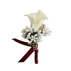 Beige Boutonnière corsage fleur imitation cuir pu, pour homme ou marié, garçons d'honneur, mariage, décorations de fête, beige, 120x60mm