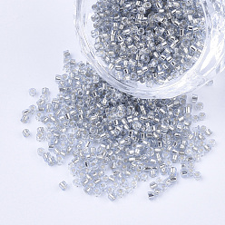 Silver Glass Cylinder Beads, Seed Beads, Silver Lined, Round Hole, Silver, 1.5~2x1~2mm, Hole: 0.8mm, about 8000pcs/bag, about 85~95g/bag