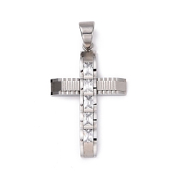 Stainless Steel Color 304 Stainless Steel Big Pendants, Cross, with Rhinestones, Stainless Steel Color, 50x32x6mm, Hole: 10x8mm