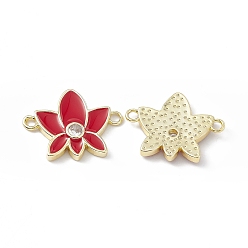 Red Rack Plating Brass Pave Clear Cubic Zirconia Connector Charms, Lotus Flower Links, with Enamel, Long-Lasting Plated, Lead Free & Cadmium Free, Real 18K Gold Plated, Red, 21x16x2.5mm, Hole: 1.8mm