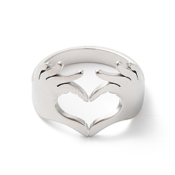 Color de Acero Inoxidable 304 anillo de puño abierto de corazón de mano de acero inoxidable para mujer, color acero inoxidable, diámetro interior: 17 mm