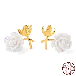 Real 18K Gold Plated 925 Sterling Silver Stud Earring Findings, with Resin, Flower, for Half Drilled Beads, with S925 Stamp, Real 18K Gold Plated, 10x14mm, Pin: 11x0.9mm and 0.8mm