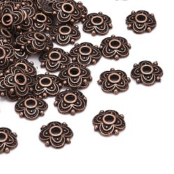 Red Copper 4-Petal Tibetan Style Alloy Flower Bead Caps, Cadmium Free & Nickel Free & Lead Free, Red Copper, 8x8x2mm, Hole: 2mm