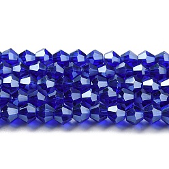 Azul Oscuro Transparentes cuentas de vidrio electroplate hebras, lustre de la perla chapado, facetados, bicono, azul oscuro, 3x2.5 mm, agujero: 0.7 mm, sobre 162~185 unidades / cadena, 12.76~14.61 pulgada (32.4~37.1 cm)