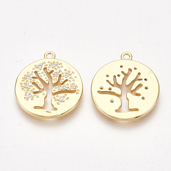 Real 18K Gold Plated Brass Pendants, with Cubic Zirconia, Flat Round with Tree, Clear, Nickel Free, Real 18K Gold Plated, 21.5x19x2mm, Hole: 1.5mm