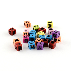 Mixed Color Mixed Letters Opaque Acrylic Cube Beads, Horizontal Hole, Mixed Color, 6x6x6mm, Hole: 3mm, about 3100pcs/500g