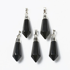 Black Agate Natural Black Agate Pendants, with Silver Brass Findings, Faceted, Bullet, Dyed & Heated, 40x12x11mm, Hole: 7x5mm