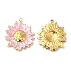 Perlas de Color Rosa Colgantes de acero inoxidable 18 chapados en oro real 304k, con esmalte, encanto de flores, rosa perla, 23.5x20.5x3 mm, agujero: 1.4 mm