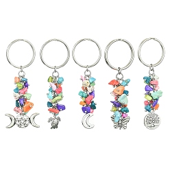 Mixed Color Alloy Keychain, with Synthetic Turquoise Beads and Iron Keychain Ring, Butterfly/Tortoise/Tree of Life/Moon, Mixed Color, 7.2~8cm