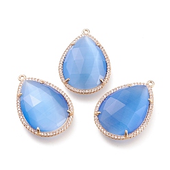 Sky Blue Faceted Cat Eye Pendants, with Brass Open Back Settings and Micro Pave Clear Cubic Zirconia, Teardrop, Golden, Sky Blue, 30x21x6mm, Hole: 1.2mm