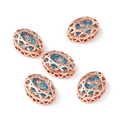 Dark Turquoise Eco-friendly Brass Micro Pave Cubic Zirconia Multi-strand Links, Rack Plating, Cadmium Free & Lead Free, Oval, Rose Gold, Dark Turquoise, 14x10x5mm, Hole: 1.2mm