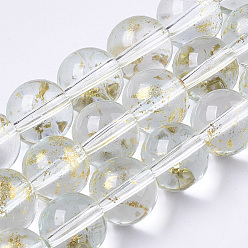 Clear Transparent Spray Painted Glass Bead Strands, with Golden Foil, Round, Clear, 10~11mm, Hole: 1.4~1.6mm, about 39~42pcs/Strand, 14.84 inch~15.27 inch(37.7~38.8cm)