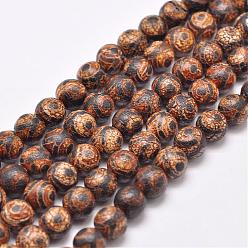 Saddle Brown Tibetan Style 3-Eye dZi Beads Strands, Natural & Dyed Agate Beads, Matte Style, Round, Saddle Brown, 10mm, Hole: 1.5mm, about 39pcs/strand, 16 inch