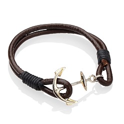 Silver Alloy Bracelets, Cowhide Leather Cord with Waxed Cotton Cord, Anchor & Helm, Silver Color Plated, 190mm