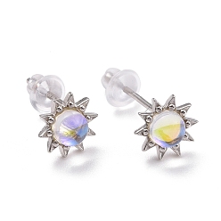 Platinum Rhodium Plated 925 Sterling Silver Sunflower Stud Earring Findings, Clear Moonstone Dainty Earrings for Girl Women, Platinum, 7.5x3.4mm, Pin: 0.8mm