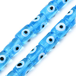 Deep Sky Blue Handmade Evil Eye Lampwork Beads, Column, Deep Sky Blue, 14x10mm, Hole: 1.2mm, about 25pcs/strand, 13.98 inch(35.5cm)