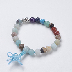 Flower Amazonite Chakra Jewelry, Natural Flower Amazonite and Mixed Stone Buddha Buddha Stretch Bracelets, Frosted, with Alloy Findings, Buddha Head, 2-1/8 inch(54mm), Pendant: 40x10mm