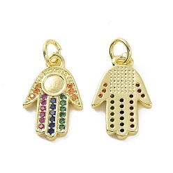 Real 18K Gold Plated Brass Micro Pave Colorful Cubic Zirconia Pendant Cabochon Settings, with Jump Ring, Hamsa Hand/Hand of Fatima/Hand of Miriam, 17x11x1.5mm, Hole: 3.2mm