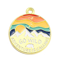 Colorful Alloy Enamel Pendants, Golden, Flat Round with Mountain Pattern, Colorful, 27x22x1.5mm, Hole: 1.8mm