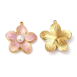 Pearl Pink 304 Stainless Steel Enamel Pendants, with ABS Imitation Pearl, Real 18K Gold Plated, Flower Charm, Pearl Pink, 22x20.5x6mm, Hole: 1.4mm