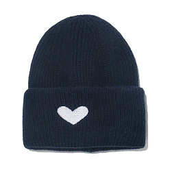 Bleu De Prusse Bonnet à revers en fil de fibre de polyacrylonitrile, bonnet d'hiver en tricot à motif de cœur pour femmes, null, 560~580mm