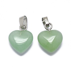 Aventurine Verte Charmes aventurine vert naturel, avec les accessoires en laiton de tonalité de platine, cœur, 12.5~13x10x3~5mm, Trou: 2.5x4.5mm