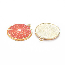 Naranja Rojo Colgantes de esmalte de la aleación de oro luz, sin cadmio y níque y plomo, rodaja de pomelo, rojo naranja, 26x23x2 mm, agujero: 2 mm