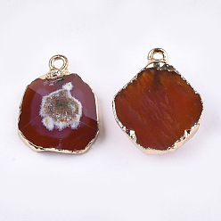 Crimson Electroplate Natural Agate Pendants, with Brass Findings, Faceted, Dyed, Golden, Crimson, 17~22x14~18x5~10mm, Hole: 1.8mm