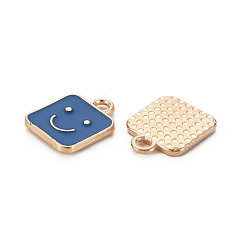 Marine Blue Alloy Enamel Charms, Cadmium Free & Lead Free, Light Gold, Square with Smile, Marine Blue, 13x10x1.5mm, Hole: 1.6mm