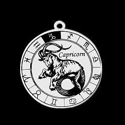 Capricorn 201 Stainless Steel Pendants, Laser Engraved Pattern, Flat Round with Constellation, Capricorn, 33x30x1mm, Hole: 2mm