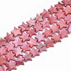 Light Coral Freshwater Shell Beads Strands, Dyed, Star, Light Coral, 12x12.5x3mm, Hole: 1mm, about 35pcs/strand, 15.55 inch(39.5cm)