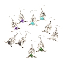 Mixed Stone Woven Net with Natural Gemstone Dangle Earrings, Alloy Moon and Star Earrings for Women, 58mm, Pin: 0.7mm