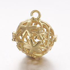 Golden Brass Cage Pendants, For Chime Ball Pendant Necklaces Making, Hollow Round with Flower, Golden, 18x17.5x15.5mm, Hole: 1.5mm, Inner Diameter: 11.5mm