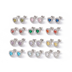 Mixed Color Cubic Zirconia & Rhinestone Heart Stud Earrings, 304 Stainless Steel Jewelry for Women, Stainless Steel Color, Mixed Color, 10x10mm, Pin: 0.6mm