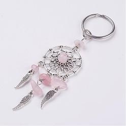 Rose Quartz Natural Chip Rose Quartz Keychain, with Tibetan Style Pendants and 316 Surgical Stainless Steel Key Ring, Woven Net/Web with Feather, 107mm, Pendant: 82x28x7mm