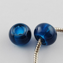 Bleu Marine Perles de verre imprimées , Perles avec un grand trou   , rondelle, bleu marine, 15x10mm, Trou: 5.5~6mm