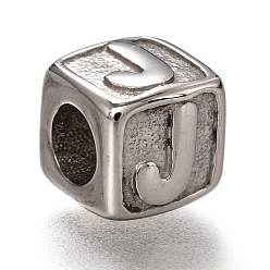 Letter J 304 Stainless Steel European Beads, Large Hole Beads, Horizontal Hole, Cube with Letter, Stainless Steel Color, Letter.J, 8x8x8mm, Hole: 4.5mm