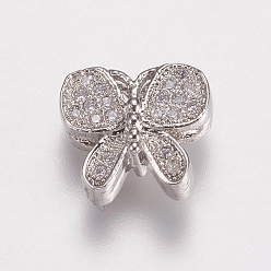 Platinum Brass Micro Pave Cubic Zirconia Beads, Butterfly, Clear, Platinum, 10x11x4.5mm, Hole: 1mm