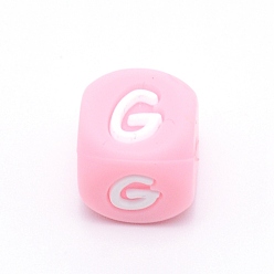 Letter G Силиконовые бусины с алфавитом для изготовления браслетов или ожерелий, стиль письма, розовый куб, letter.g, 12x12x12 мм, отверстие : 3 мм