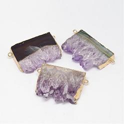 Golden Natural Druzy Amethyst Links connectors, Rectangle, with Brass Finding, Golden, 23~33x44~50x7~10mm, Hole: 2mm