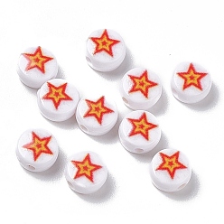 Red Opaque Printed Acrylic Beads, Flat Round with Star, Red, 7x4mm, Hole: 1.5mm