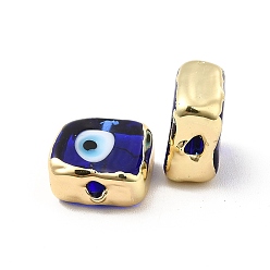 Azul Perlas de esmalte de bronce, larga duración plateado, real 18 k chapado en oro, cuadrado con patrón de mal de ojo, azul, 10~11x10~11x4.5~5.5 mm, agujero: 1.6~1.8 mm
